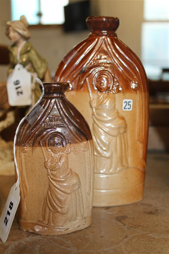 Two Lambeth stoneware spirit flasks moulded with Mr & Mrs Caudle & Miss Prettyman